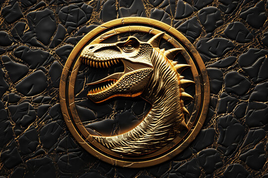 Striking gold Tyrannosaurus emblem, symbolizing dominance.