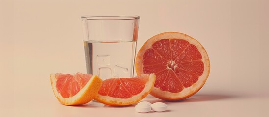 Effervescent vitamin C tablet dissolved in water beside grapefruit on a beige backdrop.
