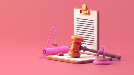 3D Law Service. Realistic 3d design of Judge hammer and Paper clipboard. Commercial law, Legal advice for business. Vector illustration in cartoon minimal style