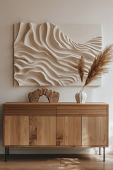 Scandinavian interior with wooden chest of drawers and wall art 