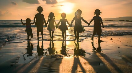 United in Friendship: Children Holding Hands at Sunset on the Beach