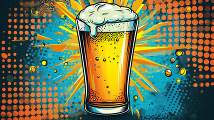 Sparkling beer glass poster designed in pop art style for bar wall. Background in pop art retro comic style.