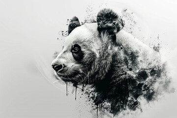 Striking monochrome composition featuring a black and white panda face against a pure white backdrop, with intricate details in HD. - obrazy, fototapety, plakaty