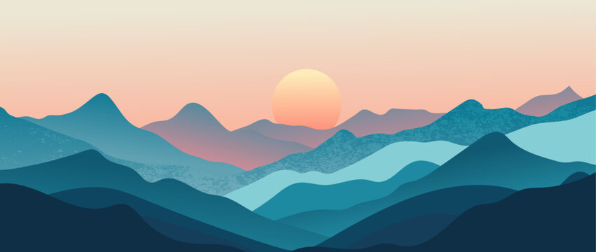 Abstract mountain landscape background, Nature wall decor, art print, minimalist panorama hill, adventure and travel view design. Vector illustration