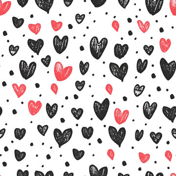 A pattern of hearts with red and black colors. The hearts are drawn in a crayon style, giving the image a playful and whimsical feel. The pattern is repeated throughout the image. Generative AI