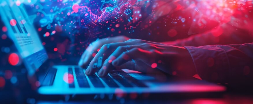 A business person using a laptop computer with a digital screen showing financial data and social media icons on a table, with a blue color background Generative AI