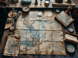 Fototapeta na wymiar Antique Map Maker's Studio Aged maps and nautical instruments spread across a large oak desk