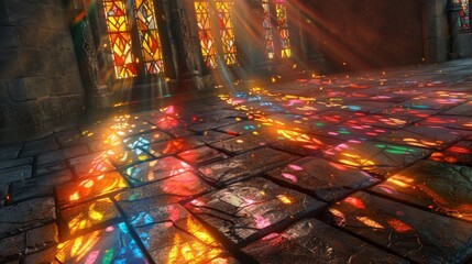 Gothic Cathedral Mystery   Stained glass casting colorful shadows on an ancient stone floor - obrazy, fototapety, plakaty
