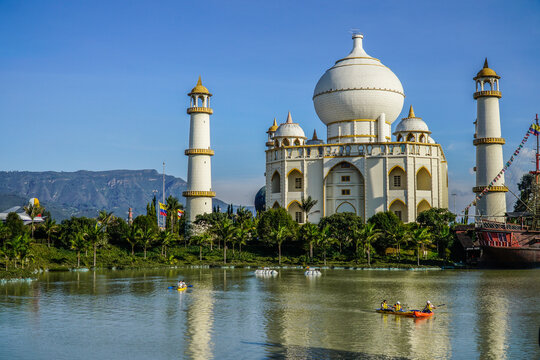 Cundinamarca, Colombia. April 13, 2024. Jaime Duque park near Bogota with a copy of the Taj mahal, ancyent seven wonders and lakes