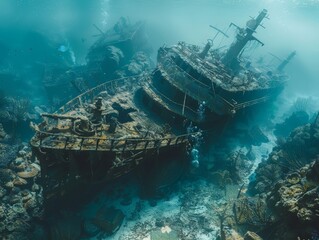 A scuba diver exploring a sunken shipwreck in the Caribbean - obrazy, fototapety, plakaty