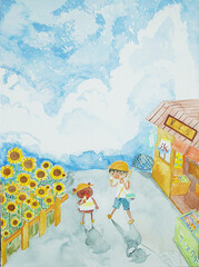 入道雲を背景にソフトクリームを食べている子供とくまのイラスト