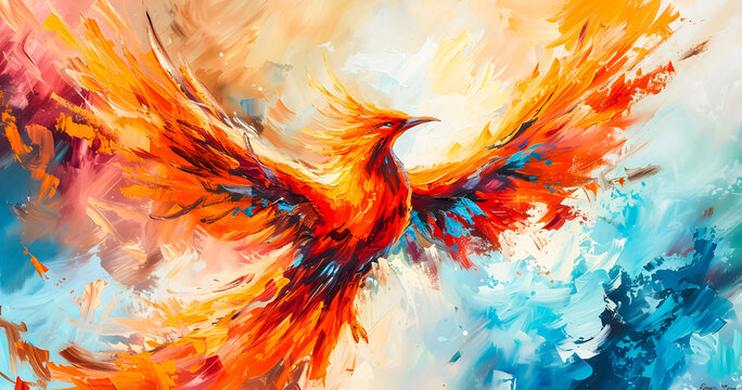 abstract painting of a burning phoenix bird flying in a blue sky full of clouds. abstract background. Phoenix fire wallpaper