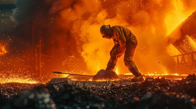 Technician in a steel mill, orange light from molten metal highlighting rough textures, profile view