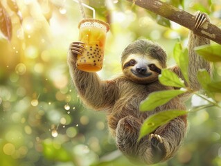 Naklejka premium Beaming sloth hanging from a tree branch, clutching a mango bubble tea, serene tropical background