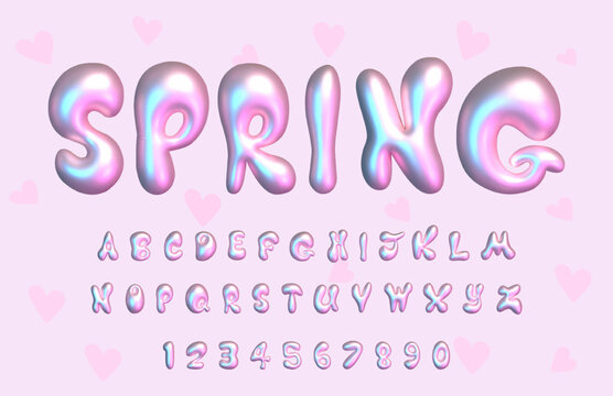 Spring Summer Delicate Pink Trendy English 3D Bubble Neon Effect Font in Y2K Style. Made of gradients, fully vector, isolated on transparent background. 3d numbers