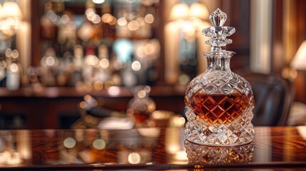 Macro shot of a diamond cut crystal decanter on a polished mahogany bar, luxurious gold accents glinting - obrazy, fototapety, plakaty