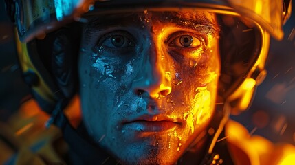 Close up of a worker is  face illuminated by the blue light of early dawn, helmet casting a shadow