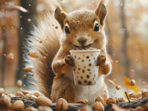 Joyful squirrel holding a cup of bubble tea with both hands, nuts scattered around, tree bark background