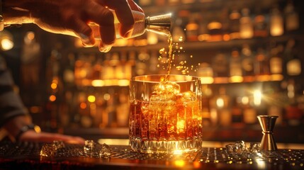 Bartender using a fine mesh strainer over a smoked whiskey glass, detailed textures, backlit by low lamps