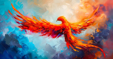 Obraz premium abstract painting of a burning phoenix bird flying in a blue sky full of clouds. abstract background. Phoenix fire wallpaper