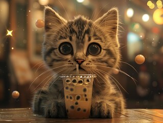 Curious cat with wide eyes drinking bubble tea, whimsical stars and moon decals behind, night theme - obrazy, fototapety, plakaty