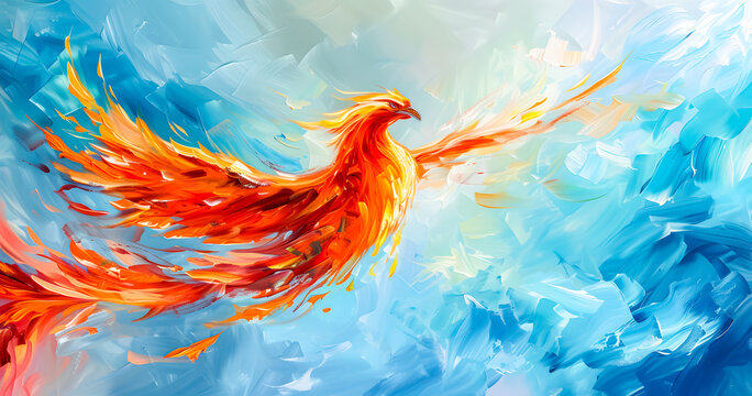 abstract painting of a burning phoenix bird flying in a blue sky full of clouds. abstract background. Phoenix fire wallpaper