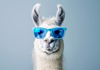 Fototapeta premium lama with blue sunglasses on a solid background