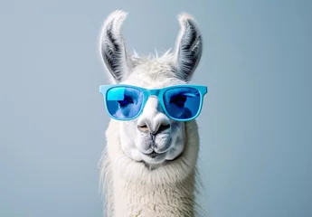 Gordijnen lama with blue sunglasses on a solid background © IgnacioJulian