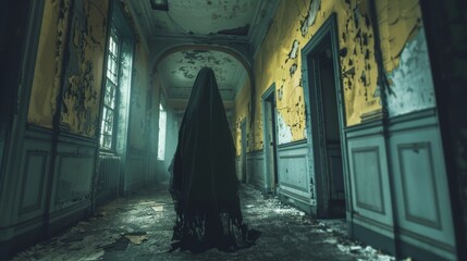 A ghostly figure haunting the halls of an abandoned asylum at night - obrazy, fototapety, plakaty