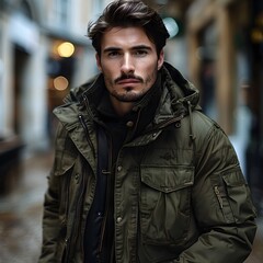 Handsome Bearded Man in Warm Winter Coat on Urban City Street