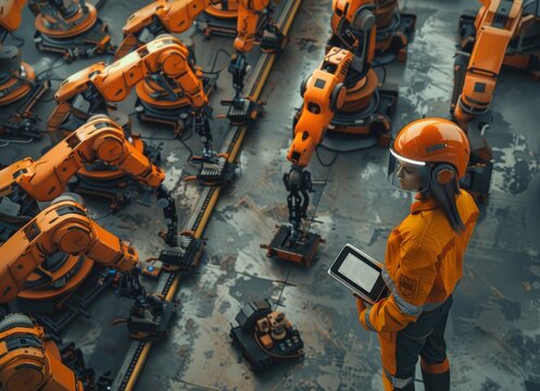 Engineer in orange uniform monitors automated robotic arms in a futuristic factory setting.