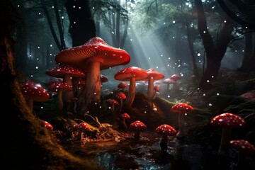 Wild Red toadstool mushroom forest. Toxic fungi. Generate Ai - obrazy, fototapety, plakaty