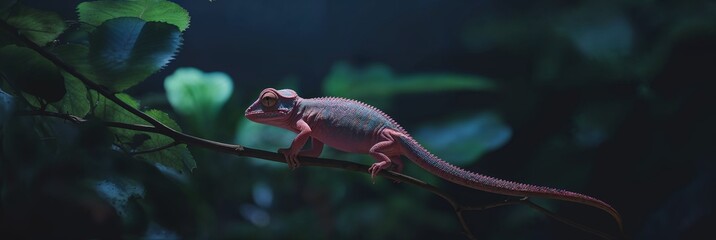 Pink chameleon or a small lizard is perched on top of a tree branch againt a green background 