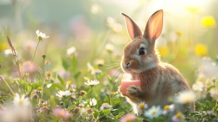 Playful bunny with a pink strawberry bubble tea, hopping around a field of wildflowers, ears perked up