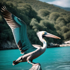 Pelícano con tonos azules y las alas extendidas posado junto a un río  - obrazy, fototapety, plakaty
