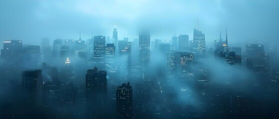 City Shrouded in Mist: A Haze-Induced Wake-up Call. Concept Mysterious Fog, Urban Reverie, Hidden Landmarks, Atmospheric Adventures, City Exploration - obrazy, fototapety, plakaty