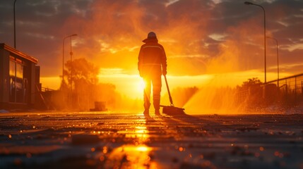 Street cleaner at dawn, silhouette against the rising sun, sweeping gesture captured from a low angle - obrazy, fototapety, plakaty