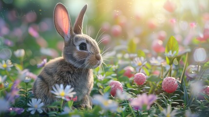 Fototapeta na wymiar Playful bunny with a pink strawberry bubble tea, hopping around a field of wildflowers, ears perked up