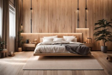 a bedroom sanctuary with clean lines, wooden accents, and soft lighting, capturing the minimalist elegance of Japandi interior aesthetics.