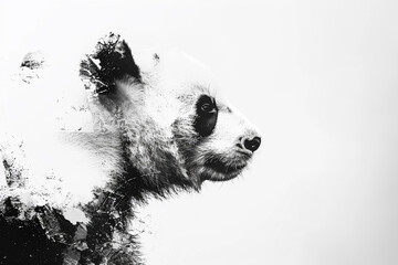 Tranquil monochrome composition featuring a black and white panda face on a white backdrop, presented with stunning clarity.