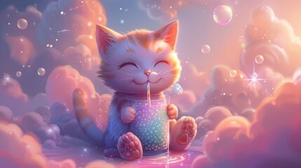 Adorable cat character in vector art, sipping a rainbow bubble tea, surrounded by clouds and sparkles