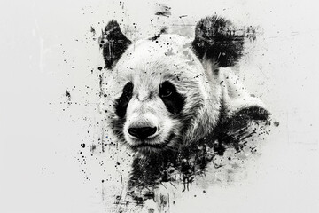 Tranquil monochrome composition featuring a black and white panda face on a white backdrop, presented with stunning clarity.