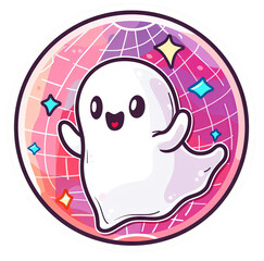 A ghost dancing in a disco ball ,pocket sticker, icon design, flat color