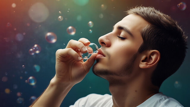 A Colorful art of a young man smelling test tube with many bubbles around his head. Research and experiment. Mind Abstract style science concept, smell