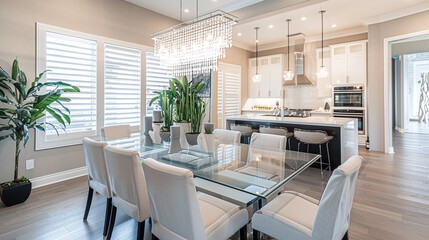 A chic dining room featuring a sleek glass table, modern upholstered chairs, and a statement...