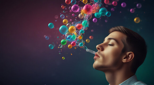 A Colorful art of a young man smelling test tube with many bubbles around his head. Research and experiment. Mind Abstract style science concept, bubble