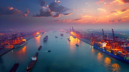 Global Marine Transportation: A Busy Container Port at Dusk - obrazy, fototapety, plakaty
