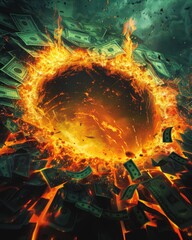 stylized illustration of a fiery pit filled with money