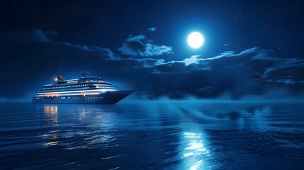 Nighttime Ocean Voyage: A Modern Cruise Liner's Majestic Glide Across Tranquil Moonlit Waters