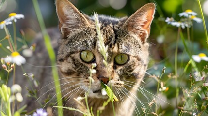 Mischievous Tabby Cat: A Playful Close-up with Grass in its Eyes Gleaming with Adventure